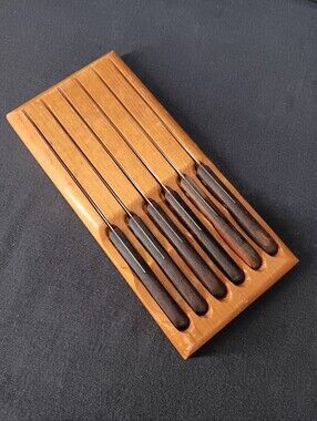 6-VINTAGE EKCO ETERNA STEAK KNIFE SERRATED SET 8-1/2" WOOD HOLDER